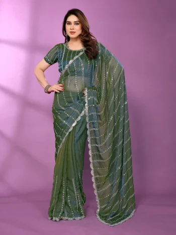 TRENDING CHIFFON SATIN MULTI SEQUENCE AND BEADS EMBROIDERY WORK SAREE WITH UNSTITCHED BLOUSE GREEN