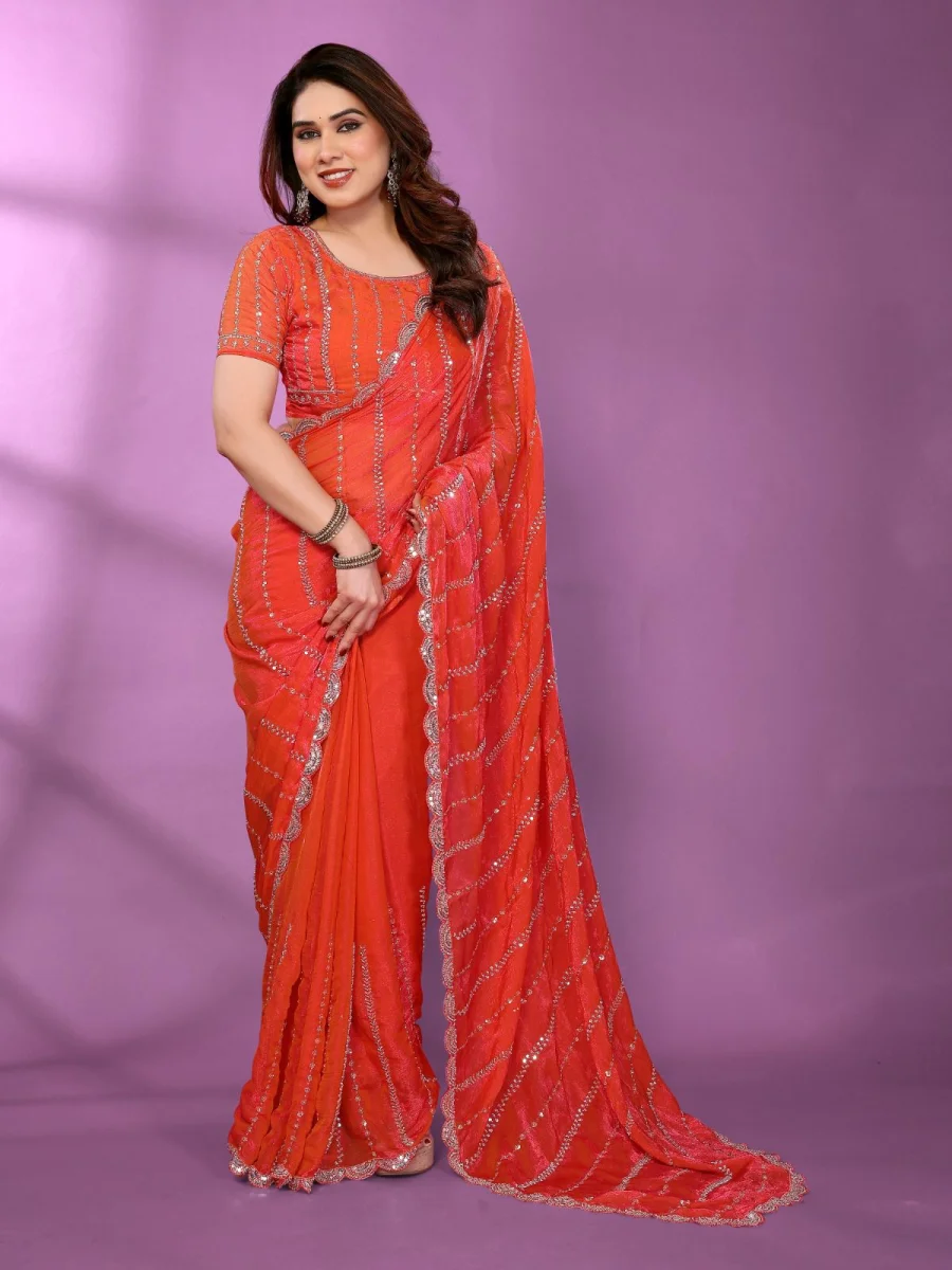 TRENDING CHIFFON SATIN MULTI SEQUENCE AND BEADS EMBROIDERY WORK SAREE WITH UNSTITCHED BLOUSE PARTY WEAR WHOLESALE PRICE ETHNIC GARMENT (5)