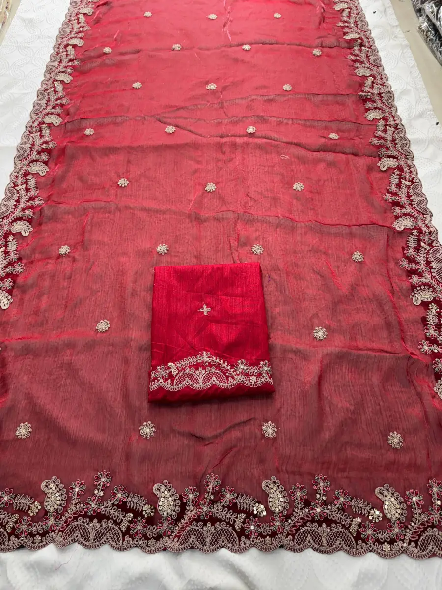TRENDING CHIFFON SILK EMBROIDERY WITH PIPING BORDER WORK SAREE WITH UNSTITCHED BLOUSE WEDDING WEAR WHOLESALE PRICE ETHNIC GARMENT (12)