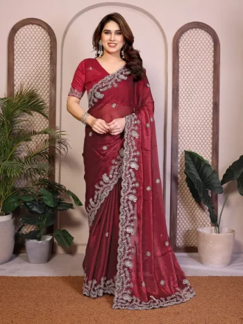 TRENDING CHIFFON SILK EMBROIDERY WITH PIPING BORDER WORK SAREE WITH UNSTITCHED BLOUSE MAROON