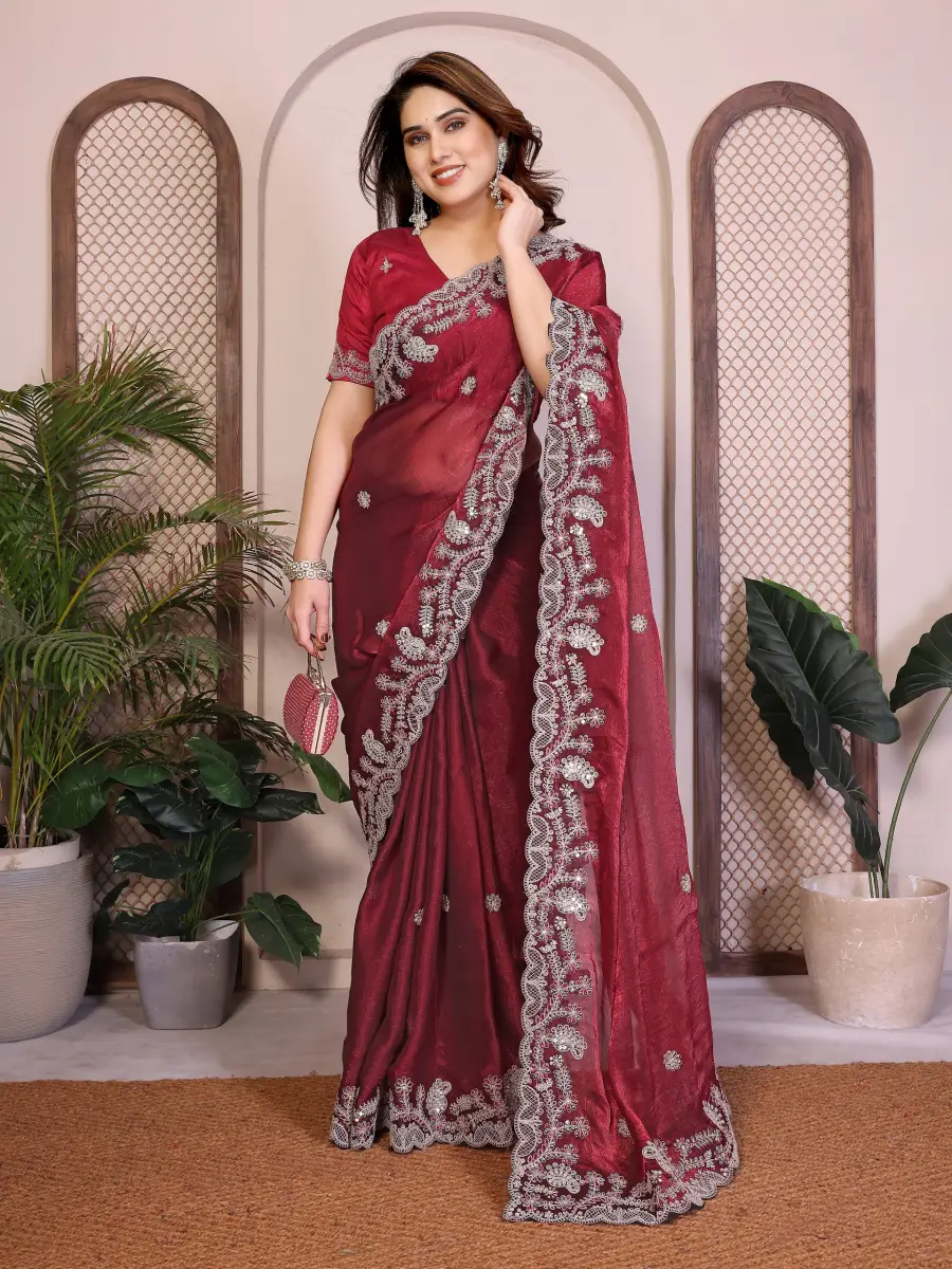 TRENDING CHIFFON SILK EMBROIDERY WITH PIPING BORDER WORK SAREE WITH UNSTITCHED BLOUSE WEDDING WEAR WHOLESALE PRICE ETHNIC GARMENT (4)