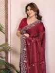 TRENDING CHIFFON SILK EMBROIDERY WITH PIPING BORDER WORK SAREE WITH UNSTITCHED BLOUSE WEDDING WEAR WHOLESALE PRICE ETHNIC GARMENT (2)
