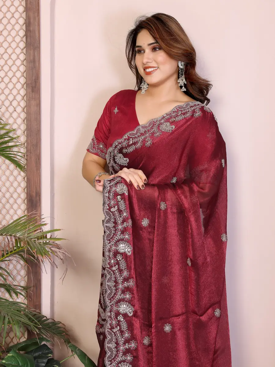 TRENDING CHIFFON SILK EMBROIDERY WITH PIPING BORDER WORK SAREE WITH UNSTITCHED BLOUSE WEDDING WEAR WHOLESALE PRICE ETHNIC GARMENT (5)