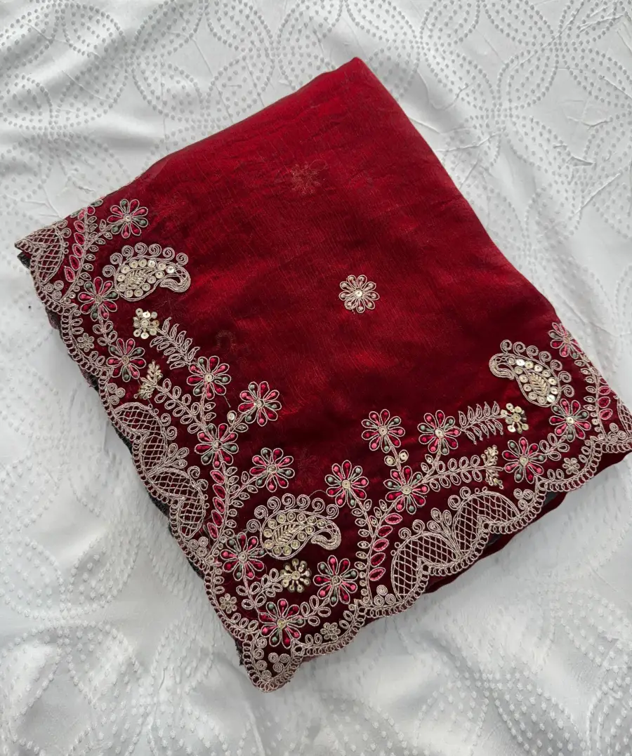 TRENDING CHIFFON SILK EMBROIDERY WITH PIPING BORDER WORK SAREE WITH UNSTITCHED BLOUSE WEDDING WEAR WHOLESALE PRICE ETHNIC GARMENT (9)