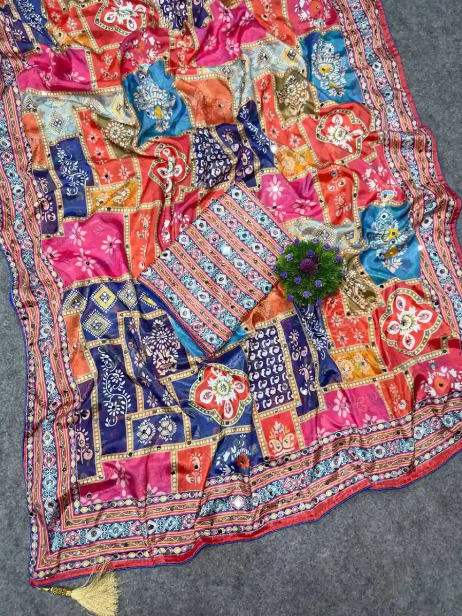 TRENDING CHINON SILK DIGITAL PRINT WITH BEAUTIFUL MIRROR HANDWORK SAREE WITH UNSTITCHED BLOUSE FESTIVE WEAR WHOLESALE PRICE ETHNIC GARMENT (10)