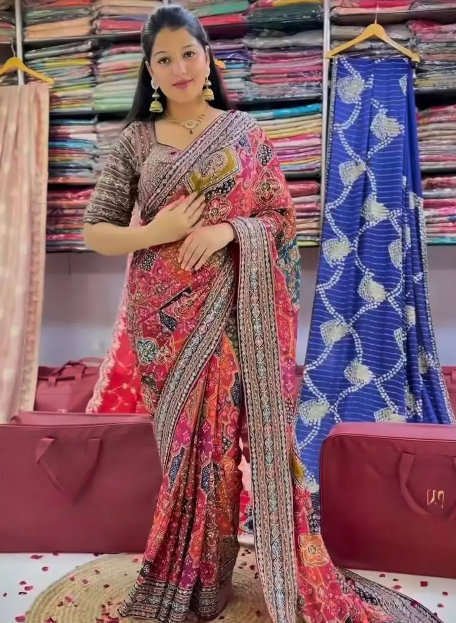 TRENDING CHINON SILK DIGITAL PRINT WITH BEAUTIFUL MIRROR HANDWORK SAREE WITH UNSTITCHED BLOUSE FESTIVE WEAR WHOLESALE PRICE ETHNIC GARMENT (2)