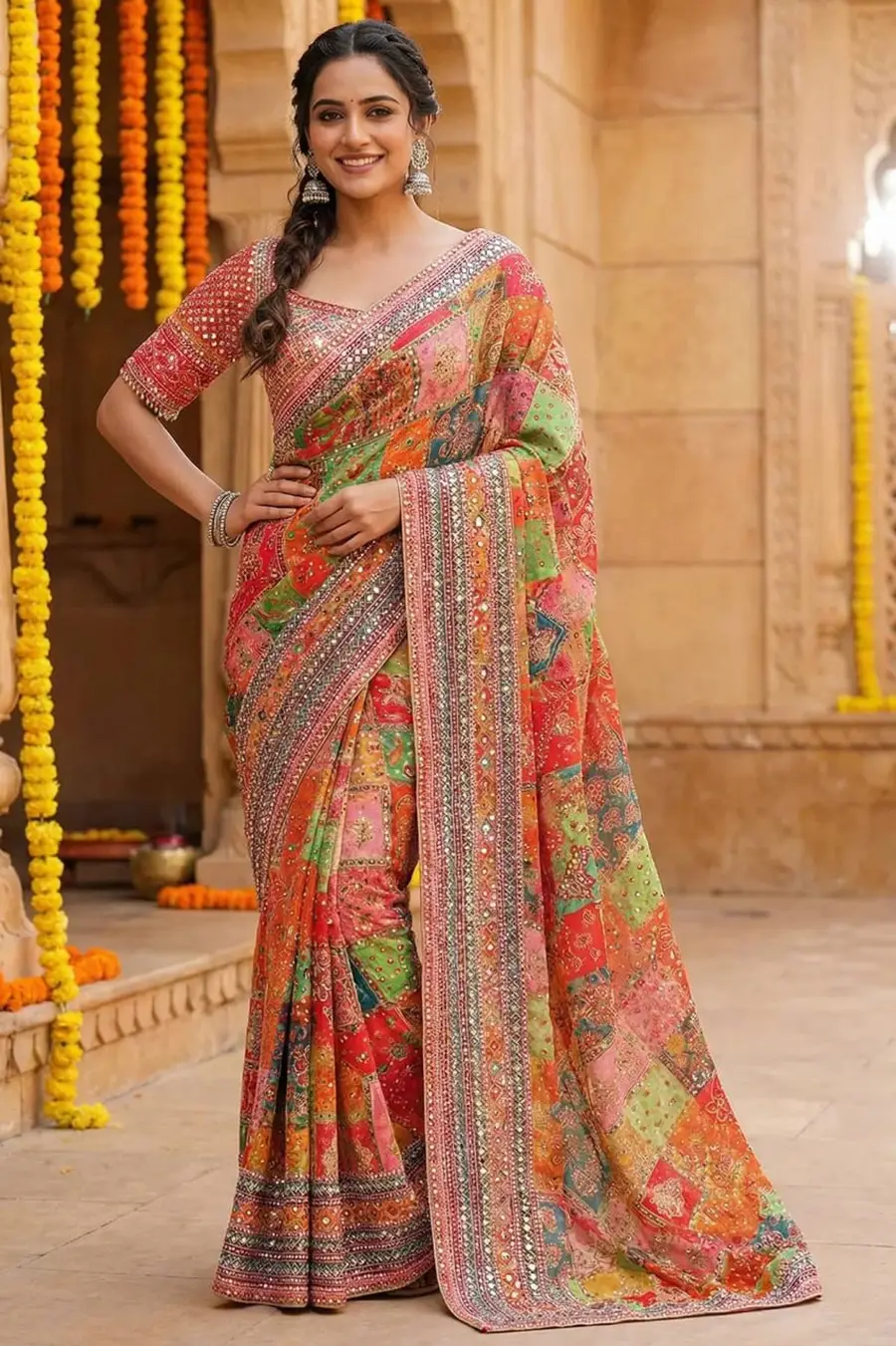 TRENDING CHINON SILK DIGITAL PRINT WITH BEAUTIFUL MIRROR HANDWORK SAREE WITH UNSTITCHED BLOUSE FESTIVE WEAR WHOLESALE PRICE ETHNIC GARMENT (2)