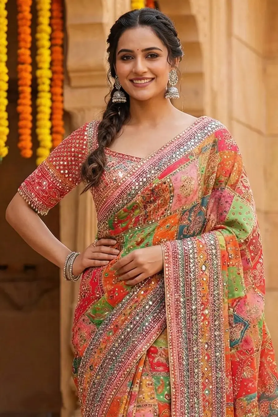 TRENDING CHINON SILK DIGITAL PRINT WITH BEAUTIFUL MIRROR HANDWORK SAREE WITH UNSTITCHED BLOUSE FESTIVE WEAR WHOLESALE PRICE ETHNIC GARMENT (3)