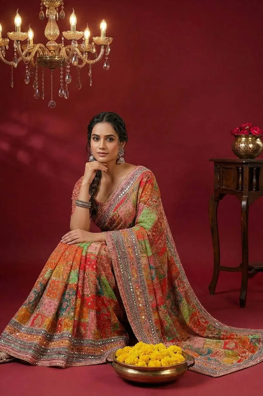 TRENDING CHINON SILK DIGITAL PRINT WITH BEAUTIFUL MIRROR HANDWORK SAREE WITH UNSTITCHED BLOUSE FESTIVE WEAR WHOLESALE PRICE ETHNIC GARMENT (4)
