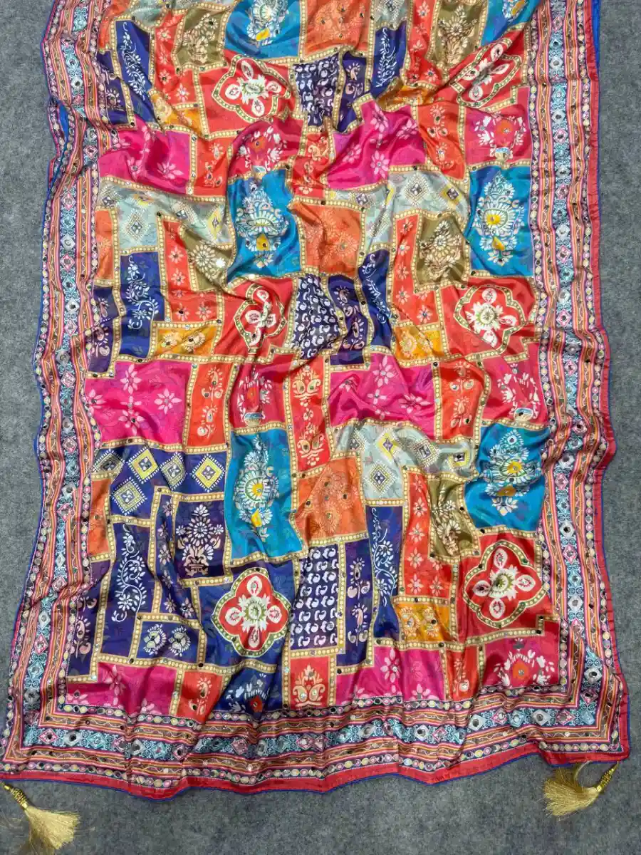 TRENDING CHINON SILK DIGITAL PRINT WITH BEAUTIFUL MIRROR HANDWORK SAREE WITH UNSTITCHED BLOUSE FESTIVE WEAR WHOLESALE PRICE ETHNIC GARMENT (7)