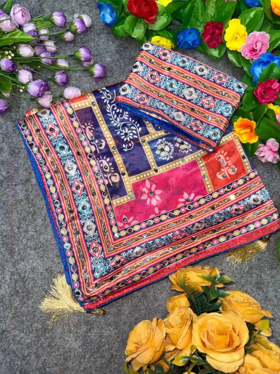 TRENDING CHINON SILK DIGITAL PRINT WITH BEAUTIFUL MIRROR HANDWORK SAREE WITH UNSTITCHED BLOUSE FESTIVE WEAR WHOLESALE PRICE ETHNIC GARMENT (8)