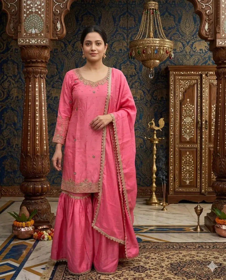 TRENDING CHINON SILK EMBROIDERY WITH MOTI HANDWORK FANCY BORDERS LACE WORK TOP SHARARA WITH DUPATTA FESTIVE WEAR WHOLESALE PRICE ETHNIC GARMENT (1)