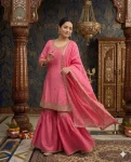 TRENDING CHINON SILK EMBROIDERY WITH MOTI HANDWORK FANCY BORDERS LACE WORK TOP SHARARA WITH DUPATTA FESTIVE WEAR WHOLESALE PRICE ETHNIC GARMENT (1)
