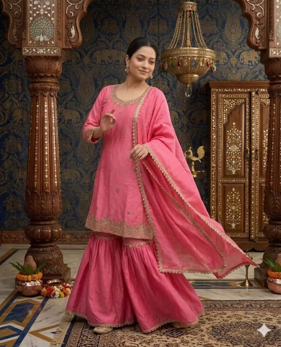 TRENDING CHINON SILK EMBROIDERY WITH MOTI HANDWORK FANCY BORDERS LACE WORK TOP SHARARA WITH DUPATTA FESTIVE WEAR WHOLESALE PRICE ETHNIC GARMENT (2)