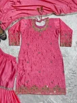 TRENDING CHINON SILK EMBROIDERY WITH MOTI HANDWORK FANCY BORDERS LACE WORK TOP SHARARA WITH DUPATTA FESTIVE WEAR WHOLESALE PRICE ETHNIC GARMENT (1)