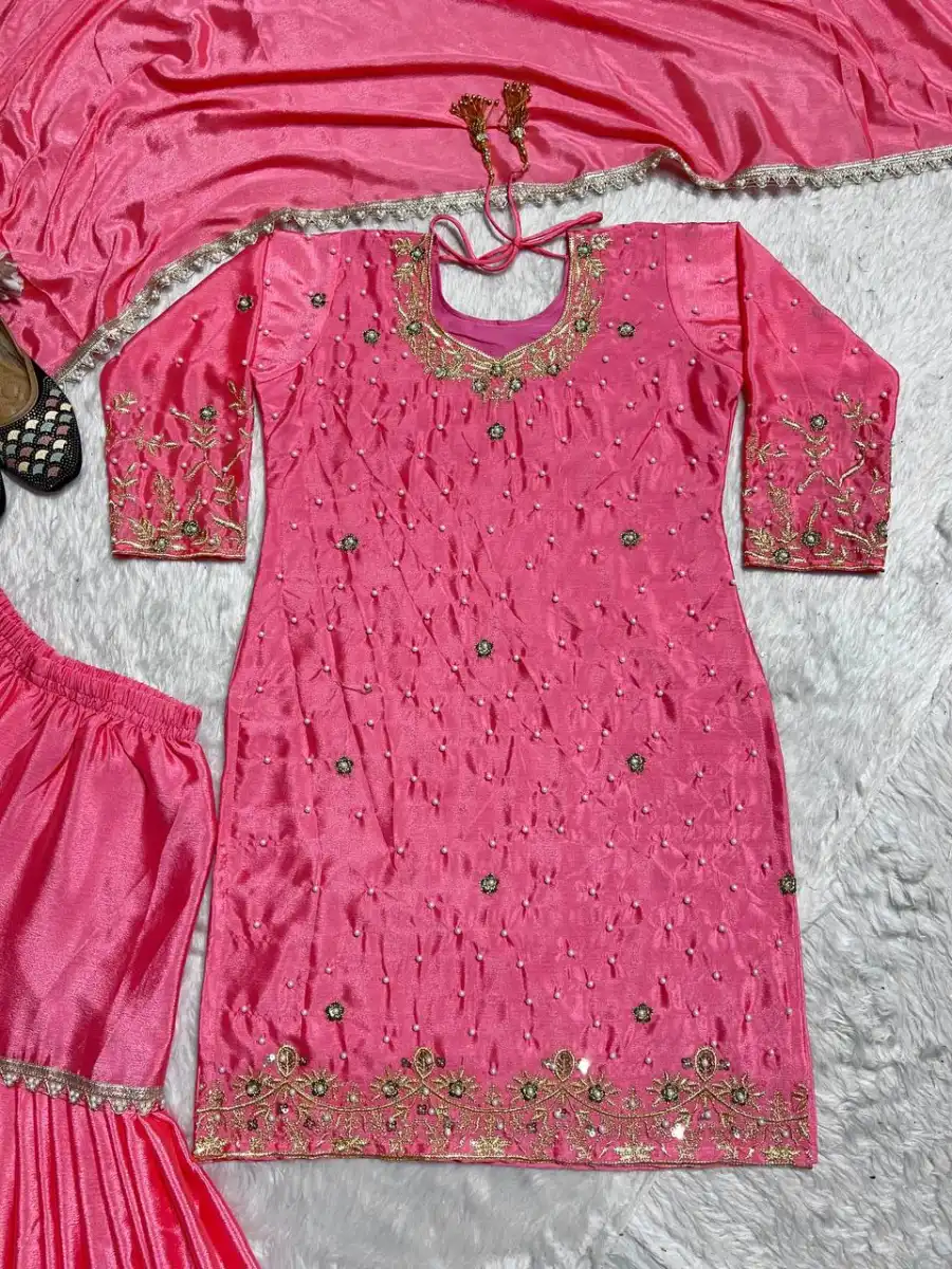 TRENDING CHINON SILK EMBROIDERY WITH MOTI HANDWORK FANCY BORDERS LACE WORK TOP SHARARA WITH DUPATTA FESTIVE WEAR WHOLESALE PRICE ETHNIC GARMENT (5)