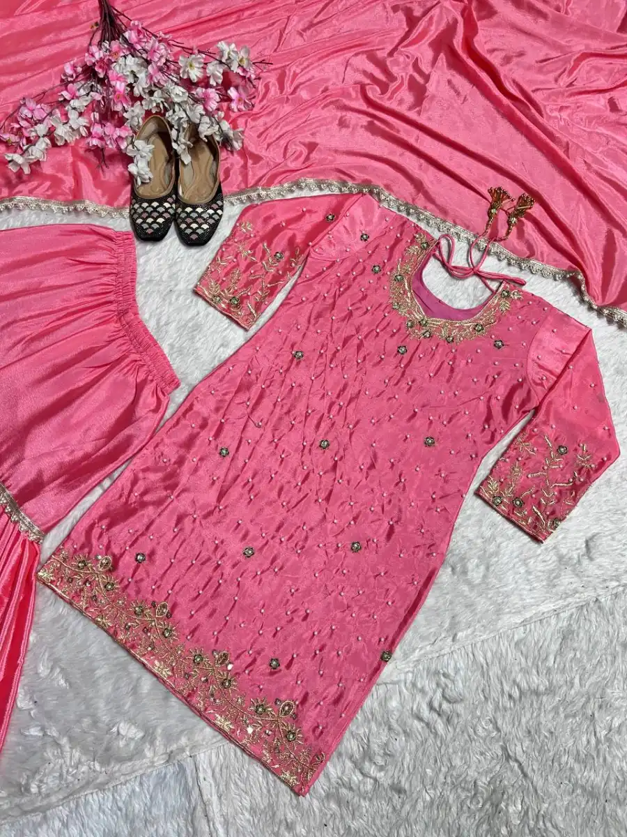 TRENDING CHINON SILK EMBROIDERY WITH MOTI HANDWORK FANCY BORDERS LACE WORK TOP SHARARA WITH DUPATTA FESTIVE WEAR WHOLESALE PRICE ETHNIC GARMENT (7)