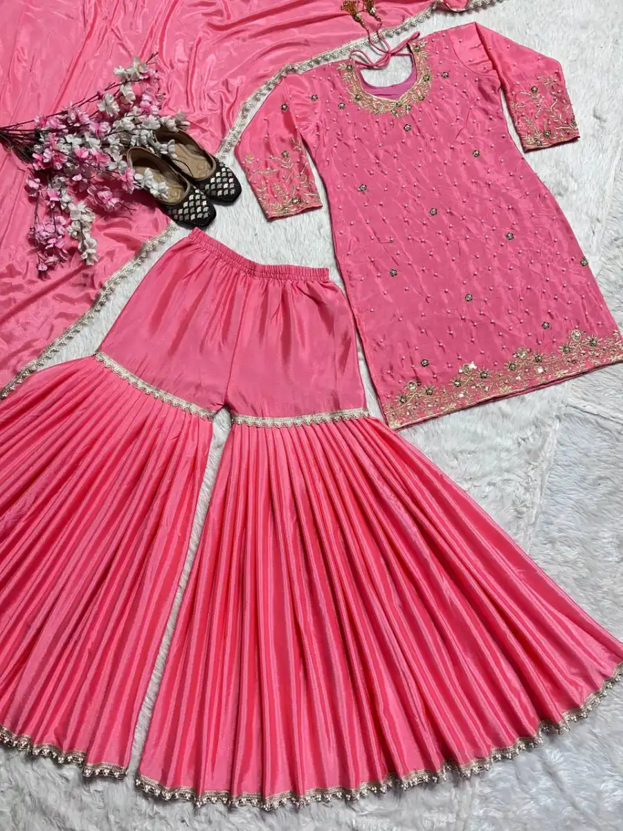 TRENDING CHINON SILK EMBROIDERY WITH MOTI HANDWORK FANCY BORDERS LACE WORK TOP SHARARA WITH DUPATTA FESTIVE WEAR WHOLESALE PRICE ETHNIC GARMENT (9)