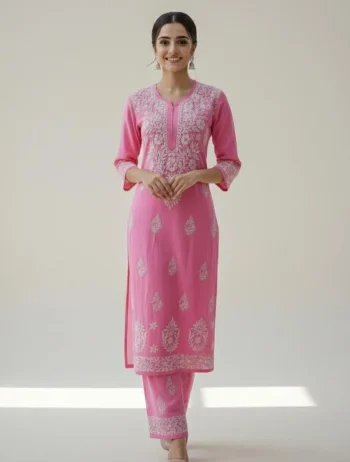 TRENDING COTTON EMBROIDERY WORK KURTI PALAZZO SET BABY PINK