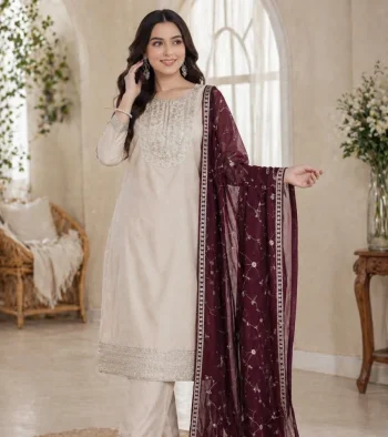 TRENDING CP VICHITRA SILK SEQUENCE CODING EMBROIDERY WORK TOP BOTTOM WITH DUPATTA WINE AND CREAM