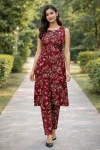 TRENDING CREPE FLOWER PRINT WORK TOP PENT SET MAROON