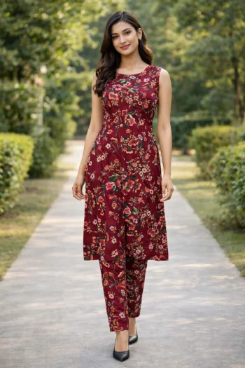 TRENDING CREPE FLOWER PRINT WORK TOP PENT SET MAROON