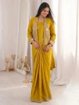 TRENDING CREPE SATIN EMBROIDERY WORK READY TO WEAR SAREE WITH STITCHED BLOUSE AND KOTI YELLOW