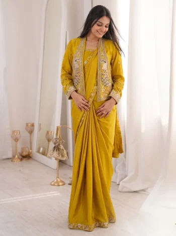 TRENDING CREPE SATIN EMBROIDERY WORK READY TO WEAR SAREE WITH STITCHED BLOUSE AND KOTI YELLOW