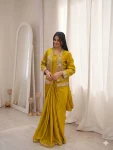 TRENDING CREPE SATIN EMBROIDERY WORK READY TO WEAR SAREE WITH STITCHED BLOUSE AND KOTI PARTY WEAR WHOLESALE PRICE ETHNIC GARMENT (2)
