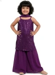TRENDING CREPE SEQUENCE  EMBROIDERED WORK KID'S TOP PALAZZO WITH DUPATTA PURPLE