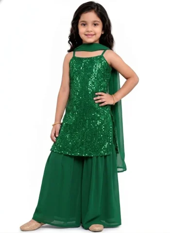 TRENDING CREPE SEQUENCE  EMBROIDERED WORK KID'S TOP PALAZZO WITH DUPATTA GREEN