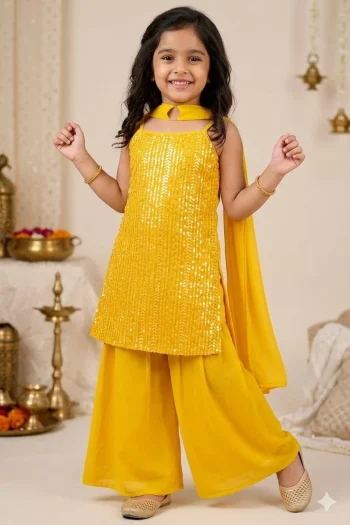 TRENDING CREPE SEQUENCE  EMBROIDERED WORK KID'S TOP PALAZZO WITH DUPATTA YELLOW