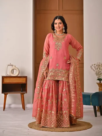 TRENDING CRUNCHY SILK SEQUENCE AND EMBROIDERY WORK TOP SHARARA WITH DUPATTA PEACH