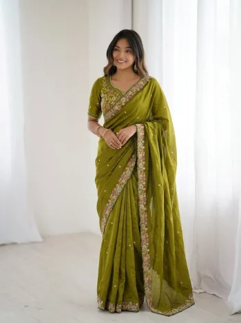 TRENDING FENDY SATIN EMBROIDERY WITH CUTWORK BORDER SAREE WITH UNSTITCHED BLOUSE PARROT GREEN