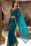 TRENDING FENDY SATIN KHATLI CUT DANA HANDWORK WITH ARC BORDER WORK SAREE WITH UNSTITCHED BLOUSE TEAL