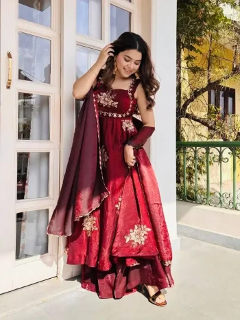 TRENDING FENDY SILK EMBROIDERY SEQUENCE WORK GOWN PALAZZO WITH DUPATTA MAROON