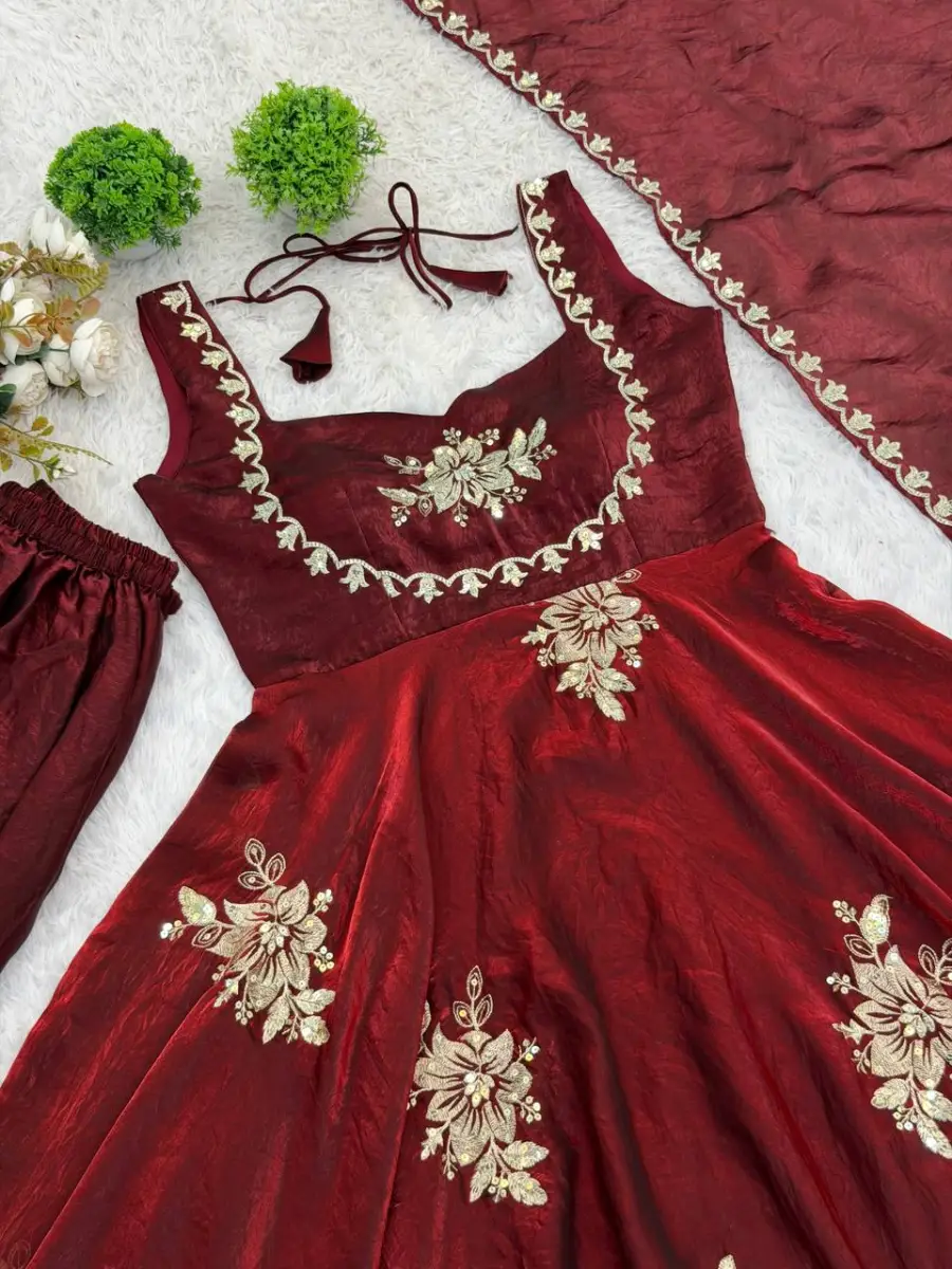 TRENDING FENDY SILK EMBROIDERY SEQUENCE WORK GOWN PALAZZO WITH DUPATTA WEDDING WEAR WHOLESALE PRICE ETHNIC GARMENT (43)