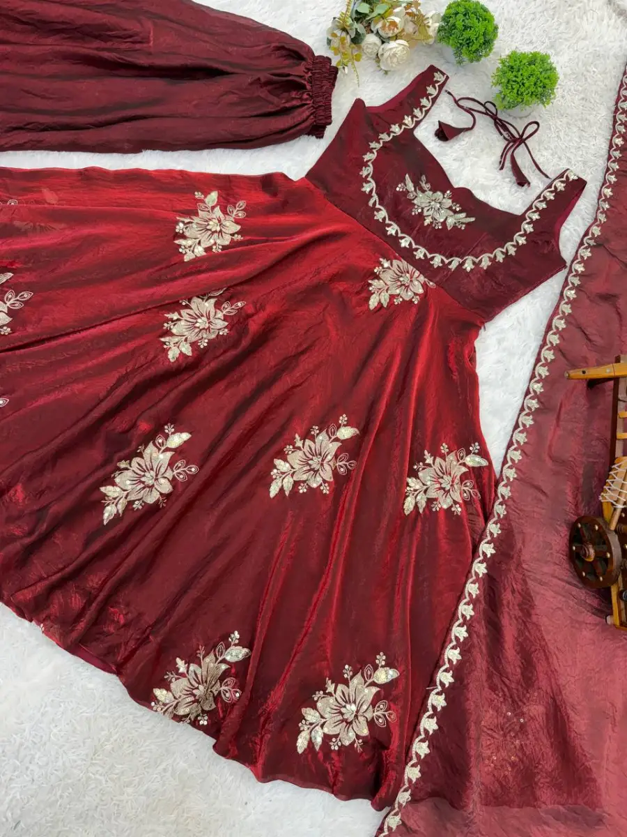 TRENDING FENDY SILK EMBROIDERY SEQUENCE WORK GOWN PALAZZO WITH DUPATTA WEDDING WEAR WHOLESALE PRICE ETHNIC GARMENT (45)
