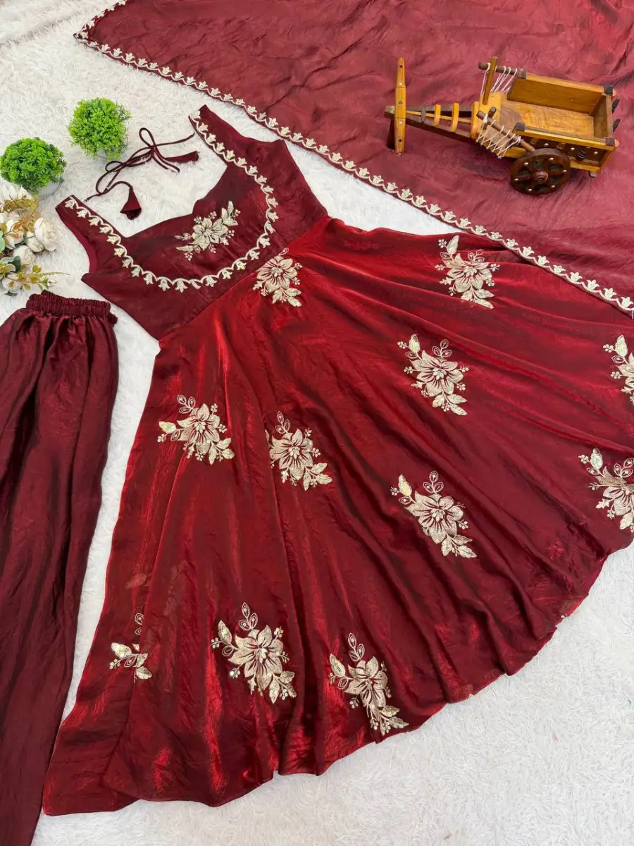 TRENDING FENDY SILK EMBROIDERY SEQUENCE WORK GOWN PALAZZO WITH DUPATTA WEDDING WEAR WHOLESALE PRICE ETHNIC GARMENT (47)