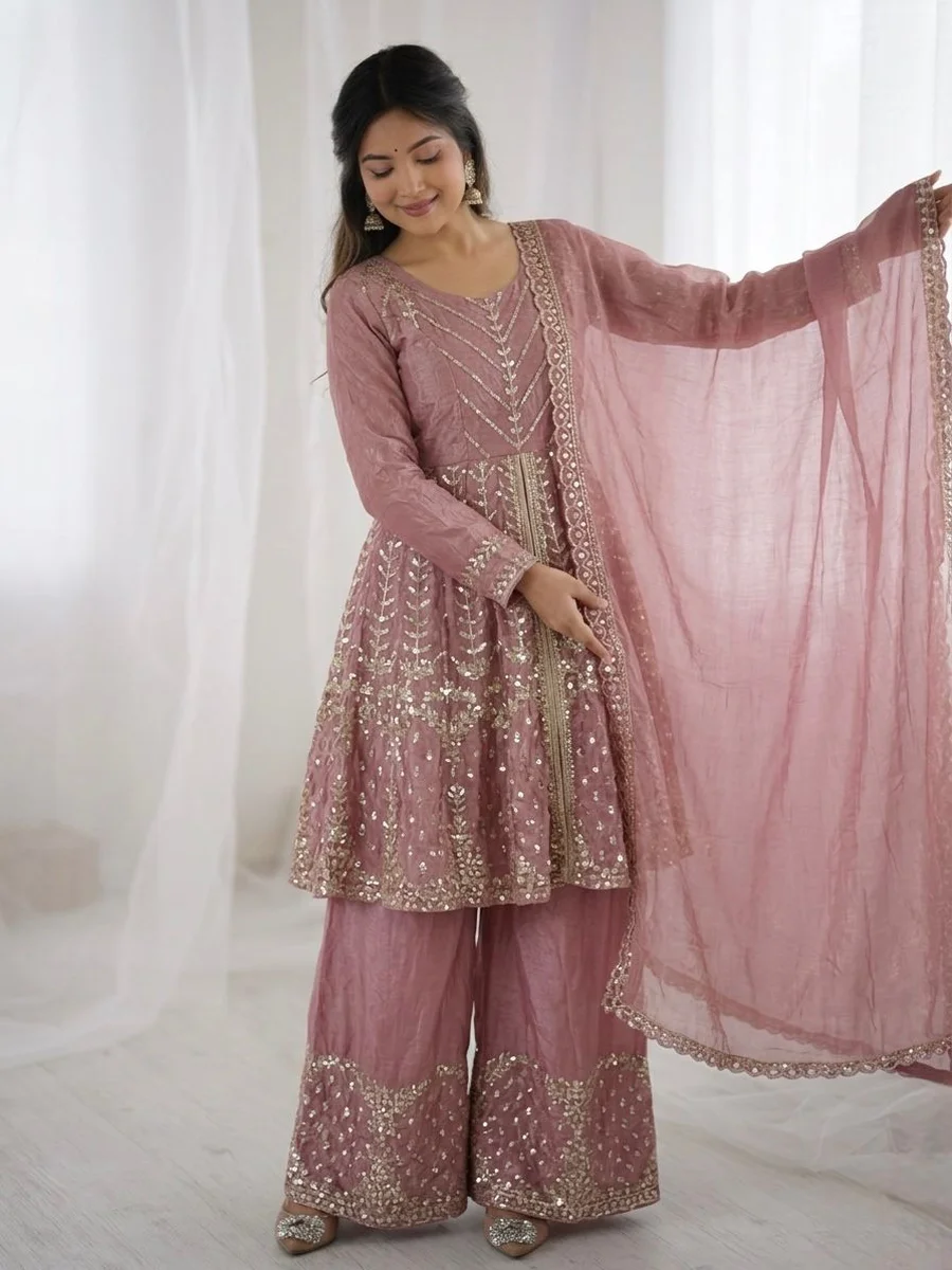 TRENDING FENDY SILK EMBROIDERY SEQUENCE WORK TOP PALAZZO WITH DUPATTA FESTIVE WEAR WHOLESALE PRICE ETHNIC GARMENT (13)