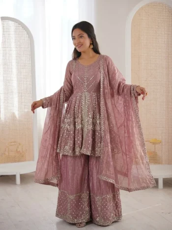 TRENDING FENDY SILK EMBROIDERY SEQUENCE  WORK TOP PALAZZO WITH DUPATTA PINK
