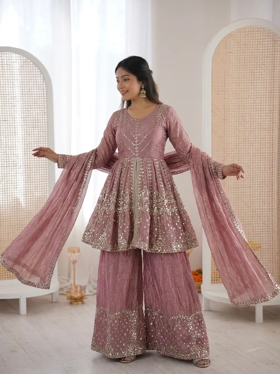 TRENDING FENDY SILK EMBROIDERY SEQUENCE WORK TOP PALAZZO WITH DUPATTA FESTIVE WEAR WHOLESALE PRICE ETHNIC GARMENT (16)