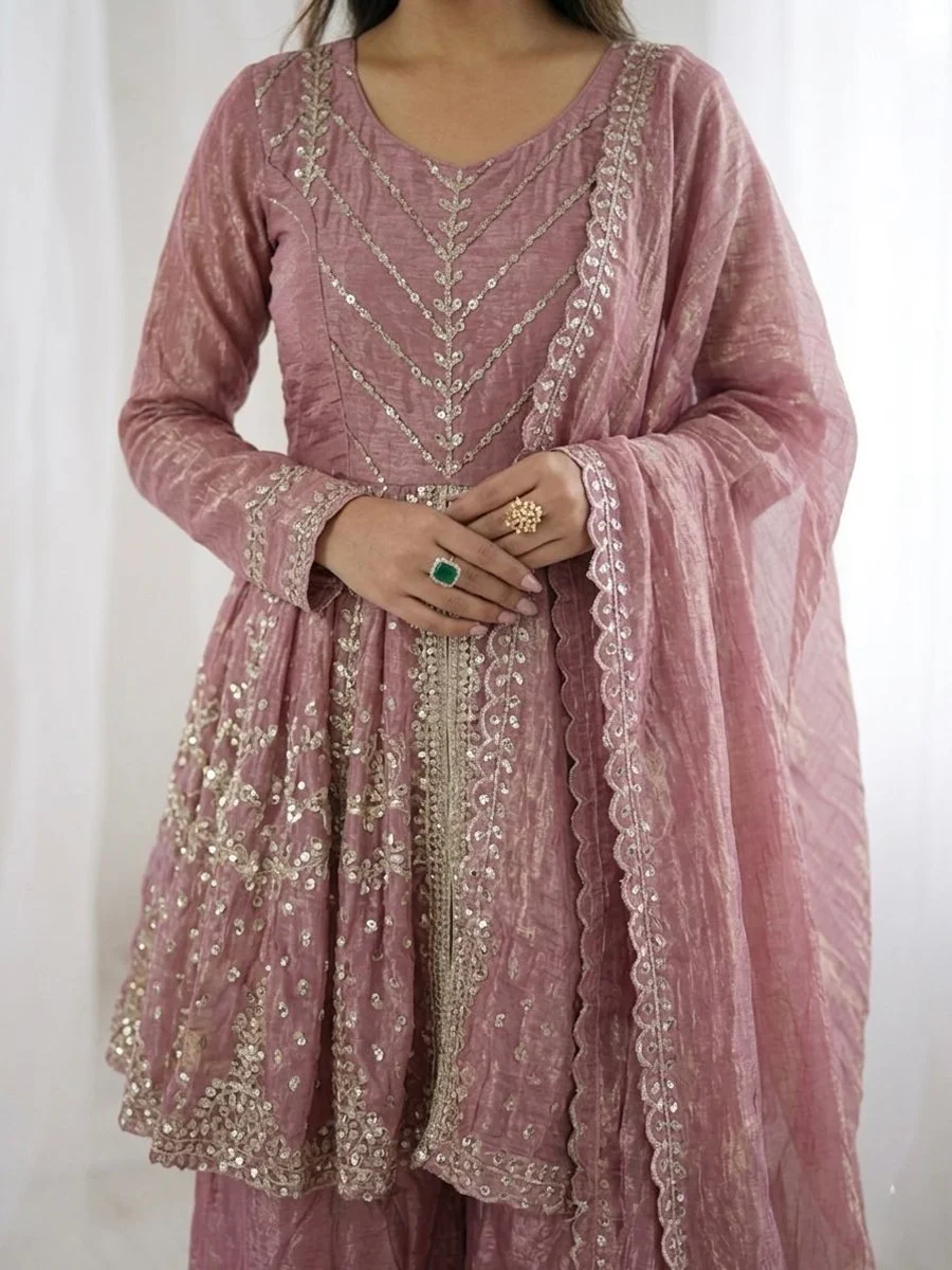 TRENDING FENDY SILK EMBROIDERY SEQUENCE WORK TOP PALAZZO WITH DUPATTA FESTIVE WEAR WHOLESALE PRICE ETHNIC GARMENT (17)