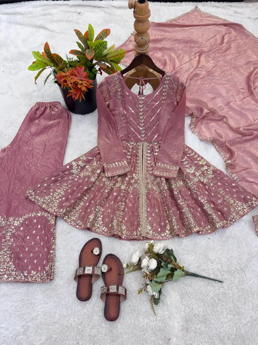 TRENDING FENDY SILK EMBROIDERY SEQUENCE WORK TOP PALAZZO WITH DUPATTA FESTIVE WEAR WHOLESALE PRICE ETHNIC GARMENT (19)