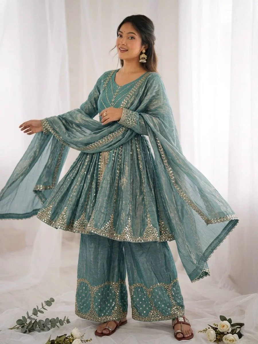 TRENDING FENDY SILK EMBROIDERY SEQUENCE WORK TOP PALAZZO WITH DUPATTA FESTIVE WEAR WHOLESALE PRICE ETHNIC GARMENT (2)