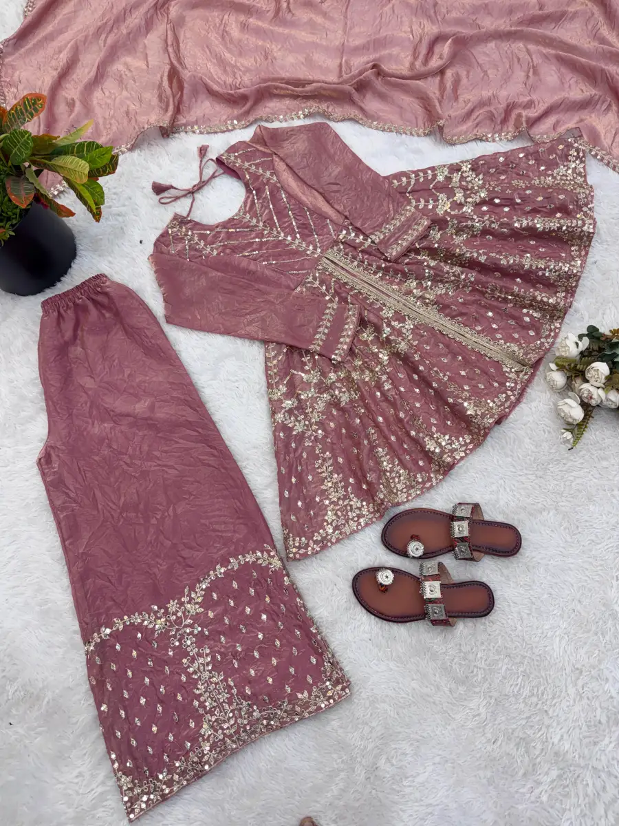 TRENDING FENDY SILK EMBROIDERY SEQUENCE WORK TOP PALAZZO WITH DUPATTA FESTIVE WEAR WHOLESALE PRICE ETHNIC GARMENT (20)