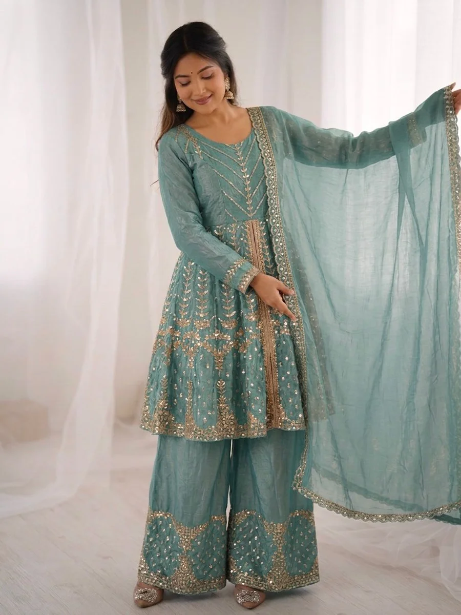 TRENDING FENDY SILK EMBROIDERY SEQUENCE WORK TOP PALAZZO WITH DUPATTA FESTIVE WEAR WHOLESALE PRICE ETHNIC GARMENT (7)