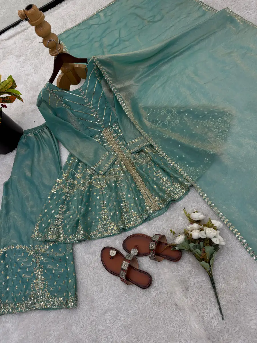 TRENDING FENDY SILK EMBROIDERY SEQUENCE WORK TOP PALAZZO WITH DUPATTA FESTIVE WEAR WHOLESALE PRICE ETHNIC GARMENT (8)