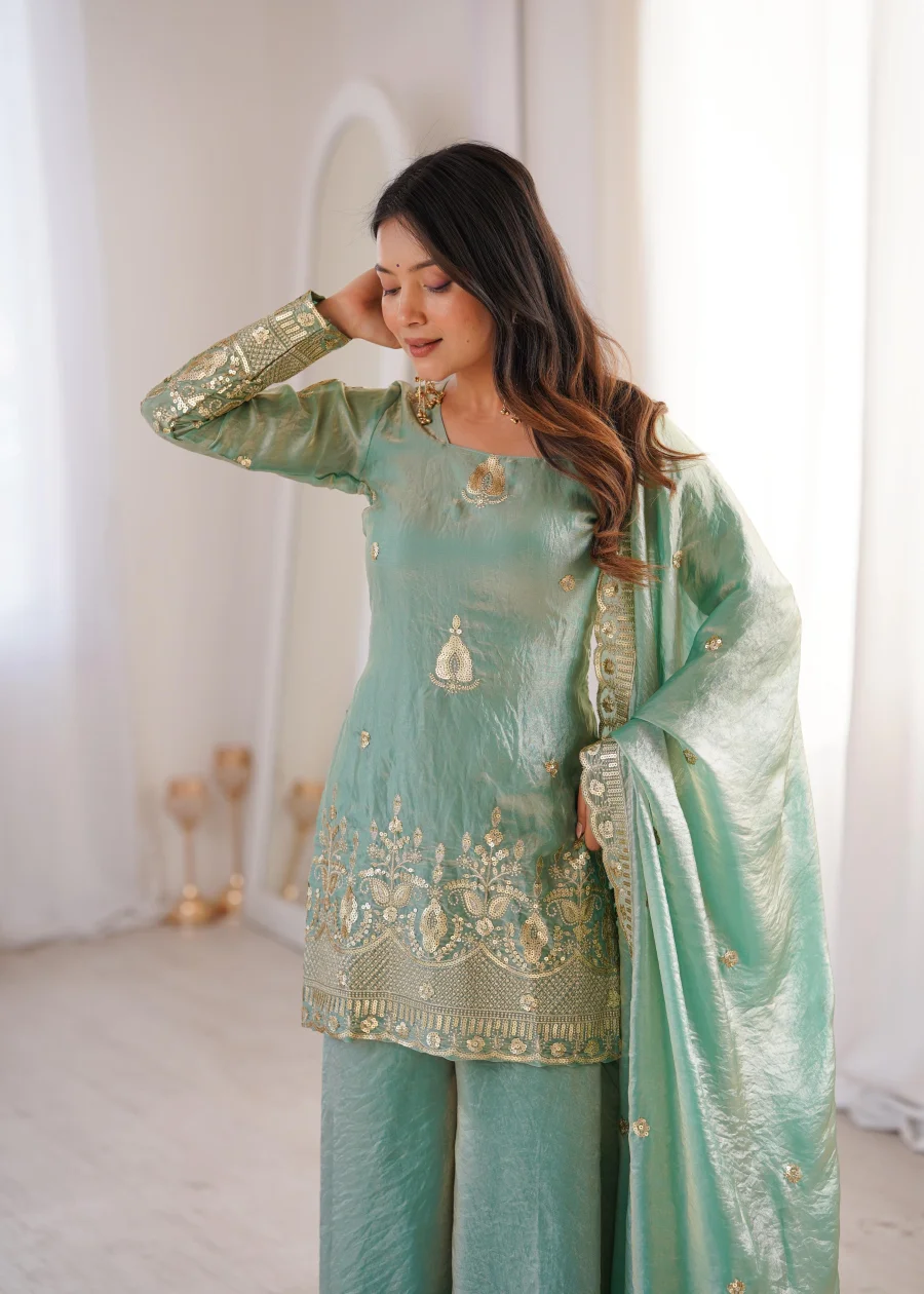 TRENDING FENDY SILK EMBROIDERY SEQUENCE WORK TOP PALAZZO WITH DUPATTA WEDDING WEAR WHOLESALE PRICE ETHNIC GARMENT (1)