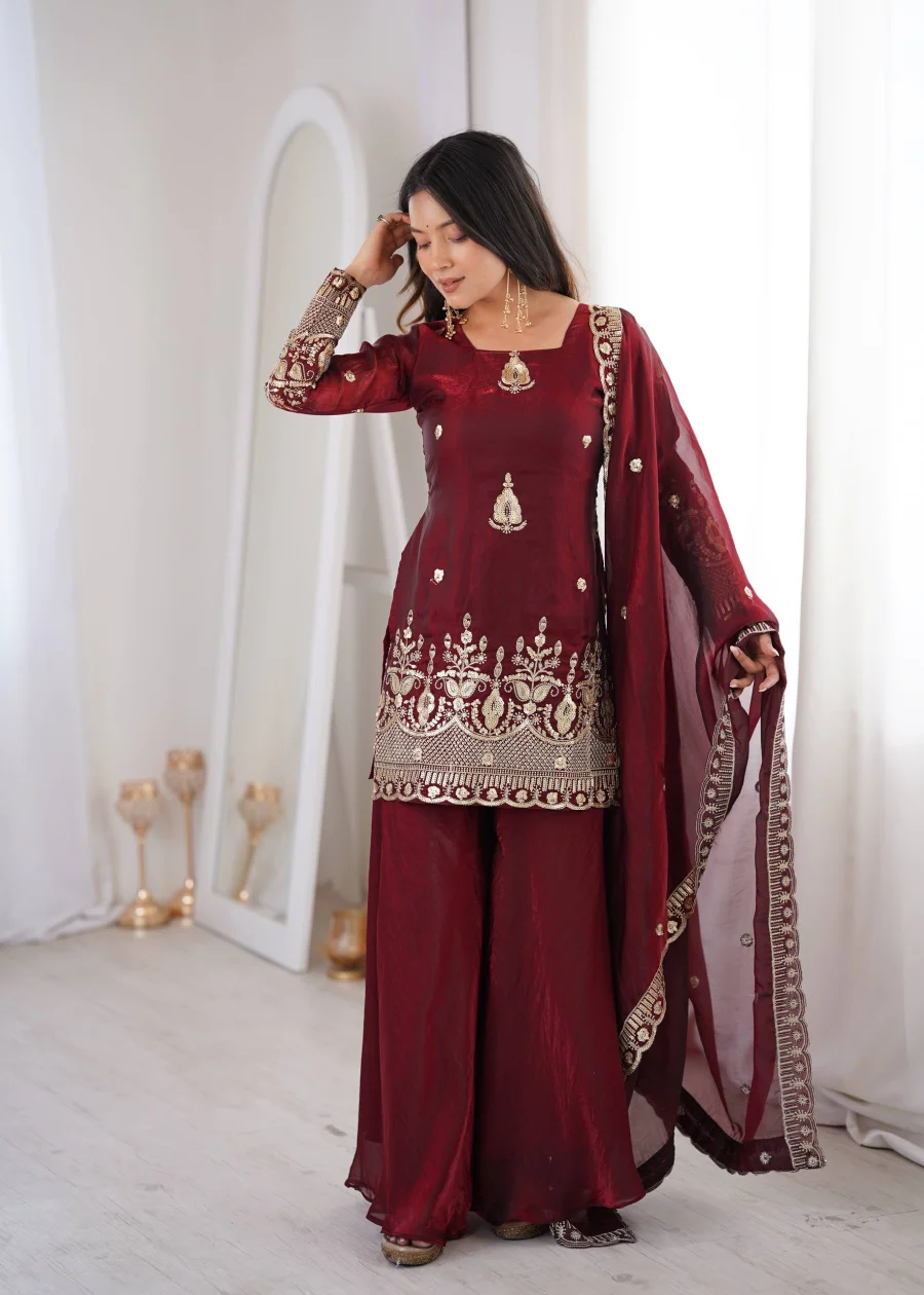 TRENDING FENDY SILK EMBROIDERY SEQUENCE WORK TOP PALAZZO WITH DUPATTA WEDDING WEAR WHOLESALE PRICE ETHNIC GARMENT (1)